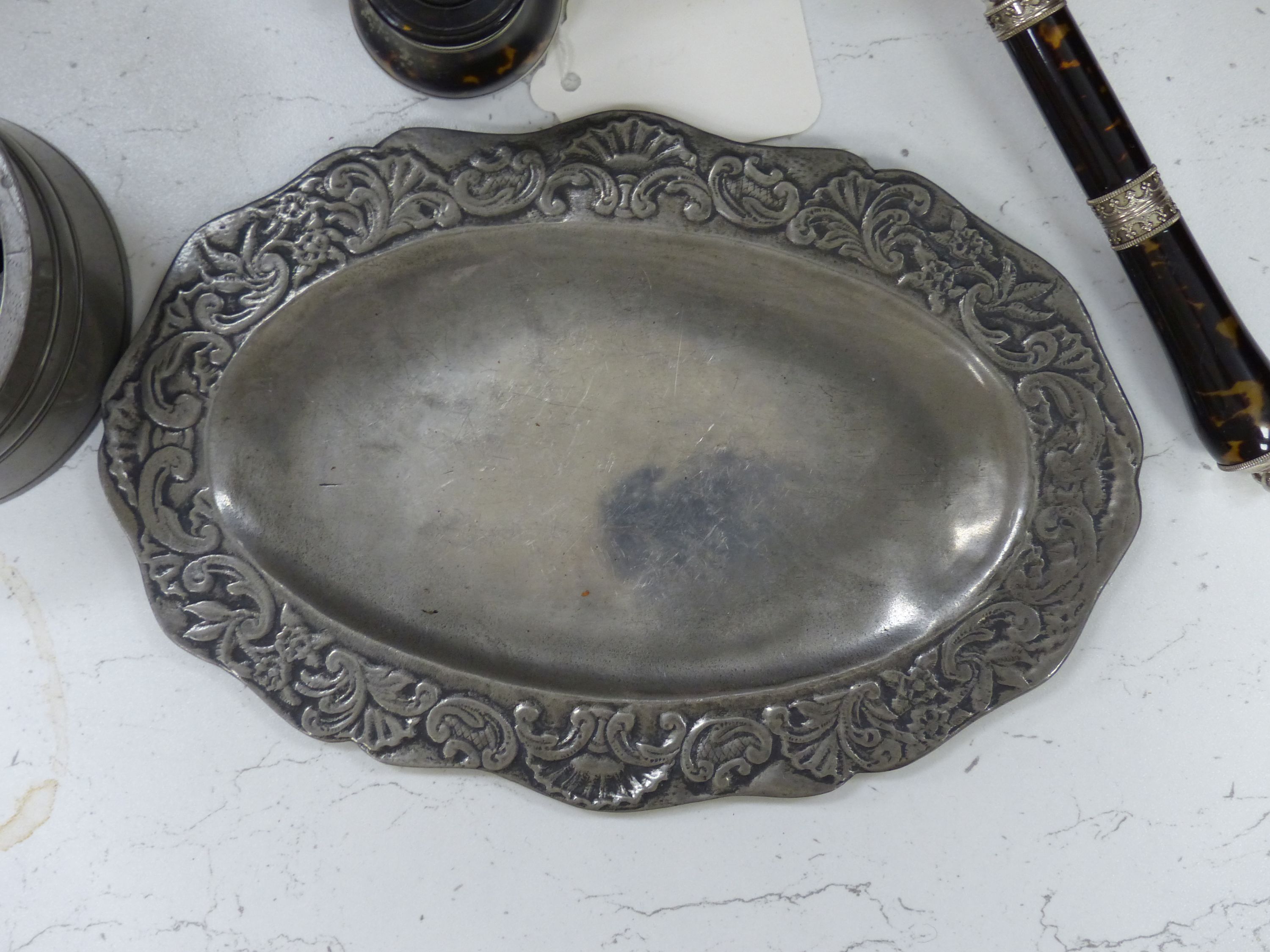 Miscellaneous items, including a pewter inkwell, three pairs of cut steel scissors, leather-cased, a pair of opera glasses, a copper jug, etc.